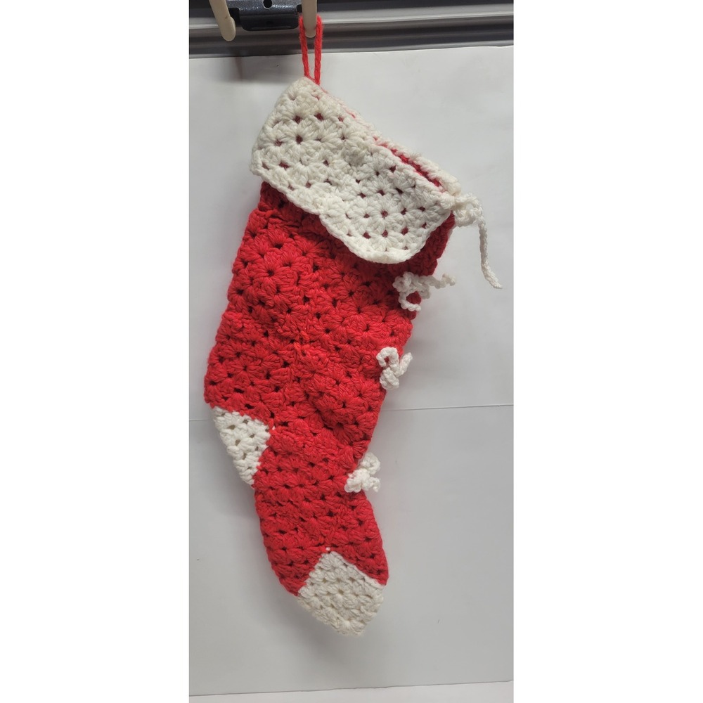 Vintage Handmade Crochet Christmas Stocking Red‎ White Bows Holiday Decor 14.5in